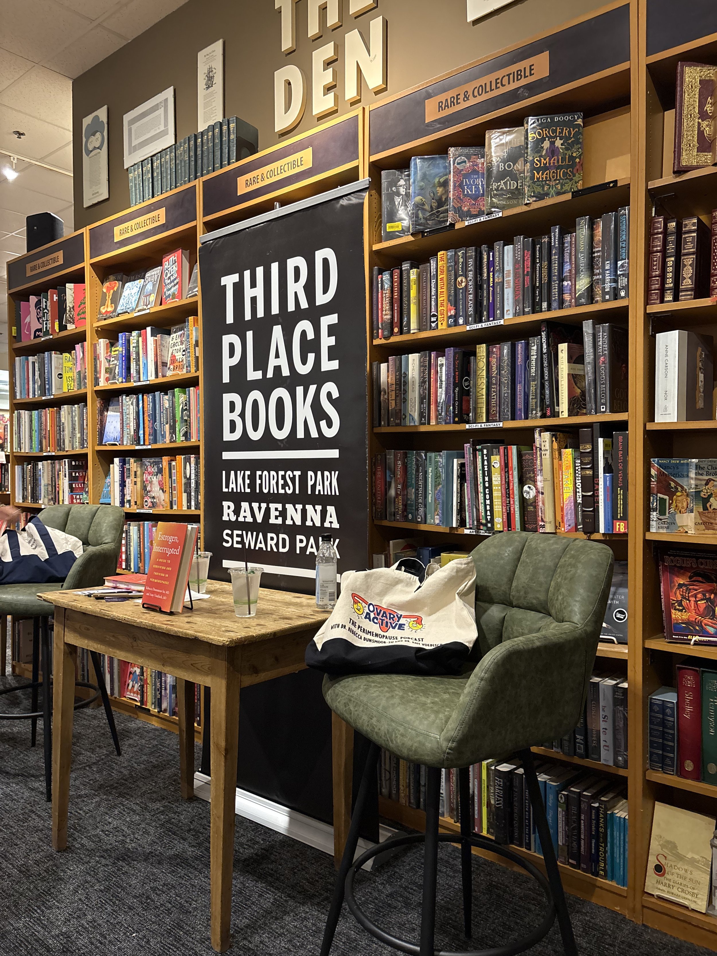 A photo of the stage for the Estrogen, Interrupted event at Third Place Books.