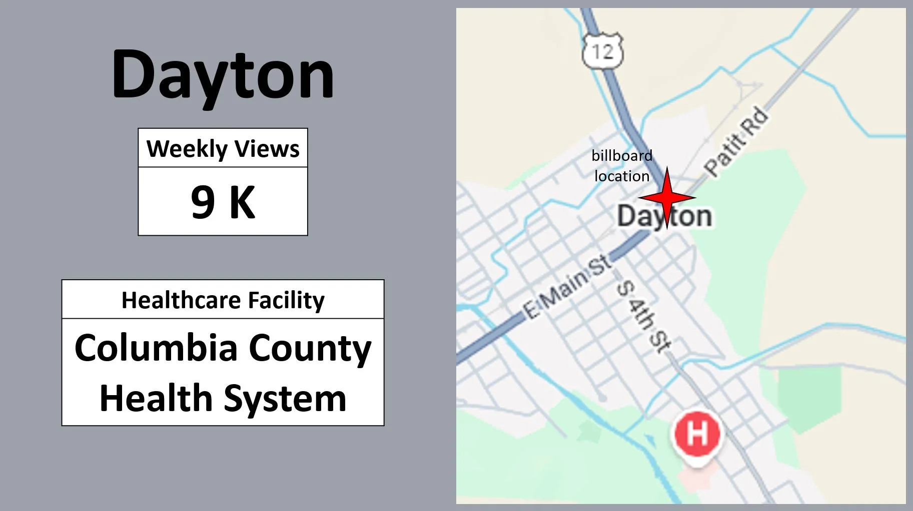 Dayton: Weekly Views 9K: Healthcare Facility, Columbia County Health System.