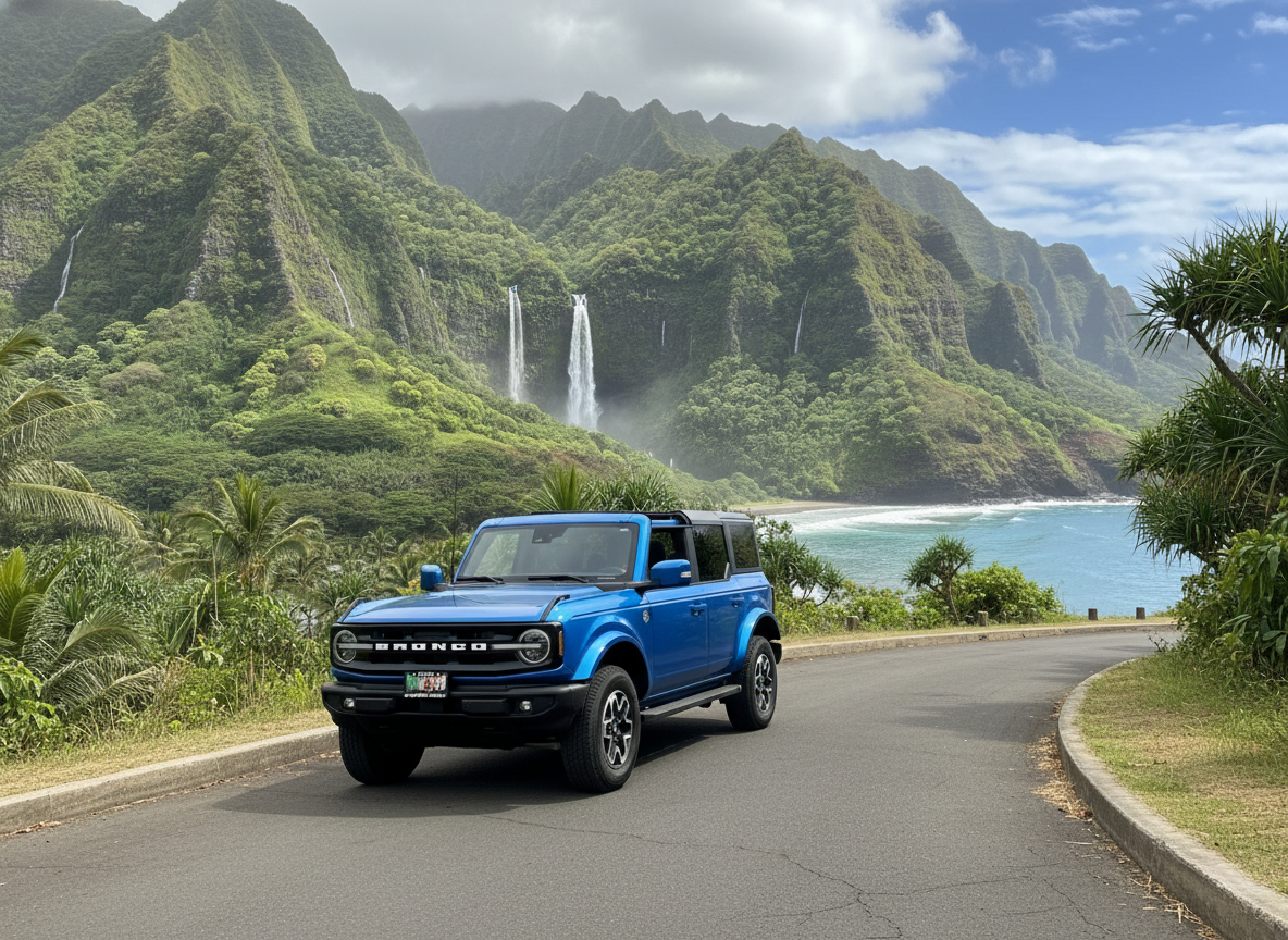 A bright blue Ford Bronco SUV parked on a winding road near a tropical beach with lush green mountains and waterfalls in the background.