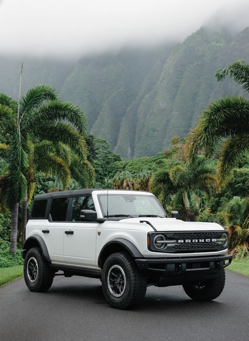 A white Ford Bronco SUV parked on a paved road surrounded by lush tropical trees with steep green mountains in the background.