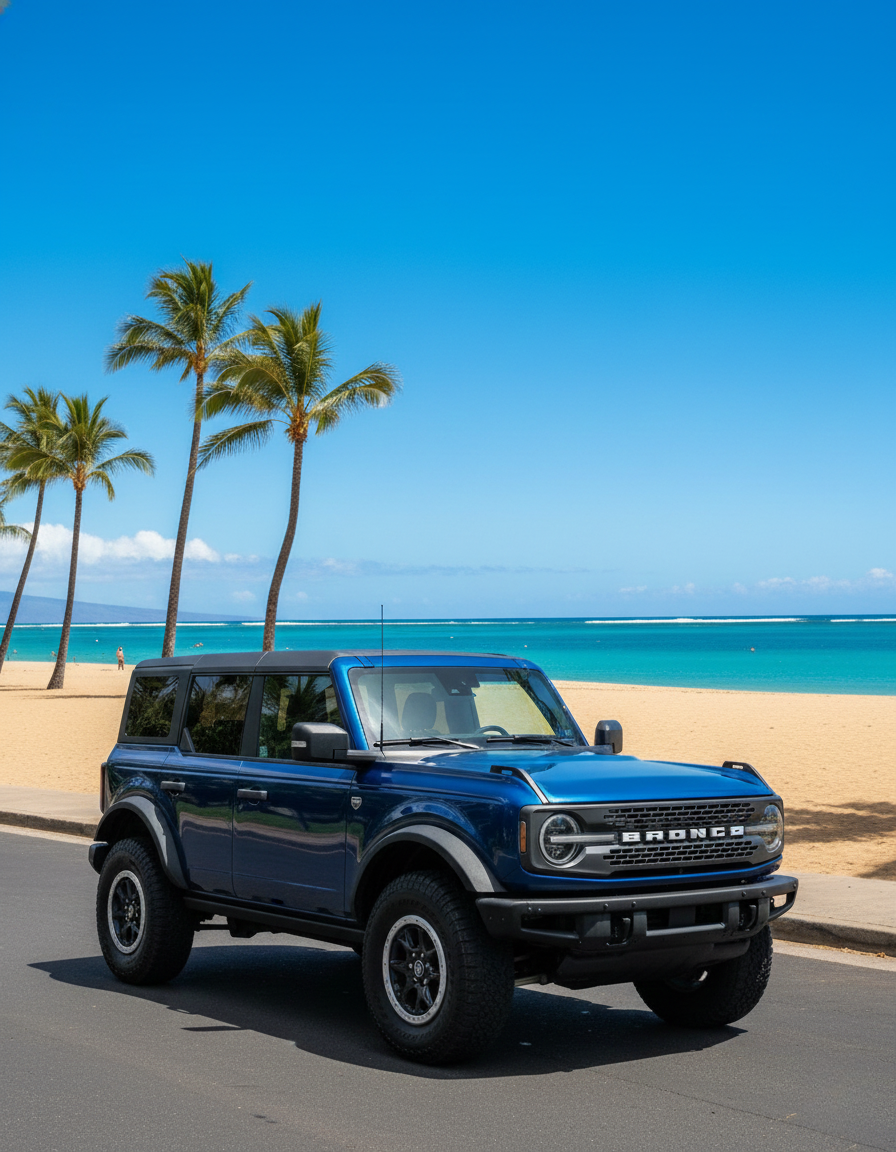 A blue Ford Bronco SUV parked on a paved road near a beach with palm trees and turquoise ocean in the background.