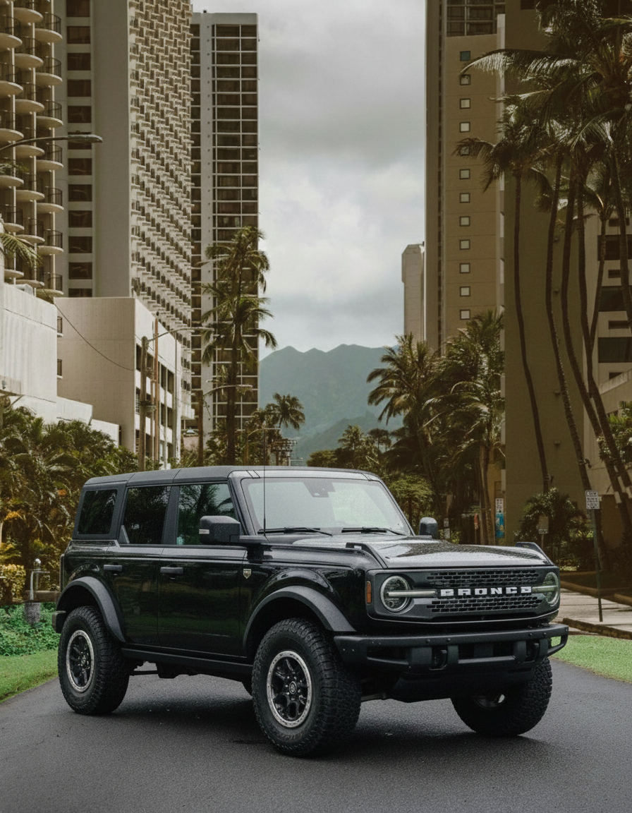 Black Ford Bronco vehicle parked on a street with tall buildings, palm trees, and mountains in the background.
