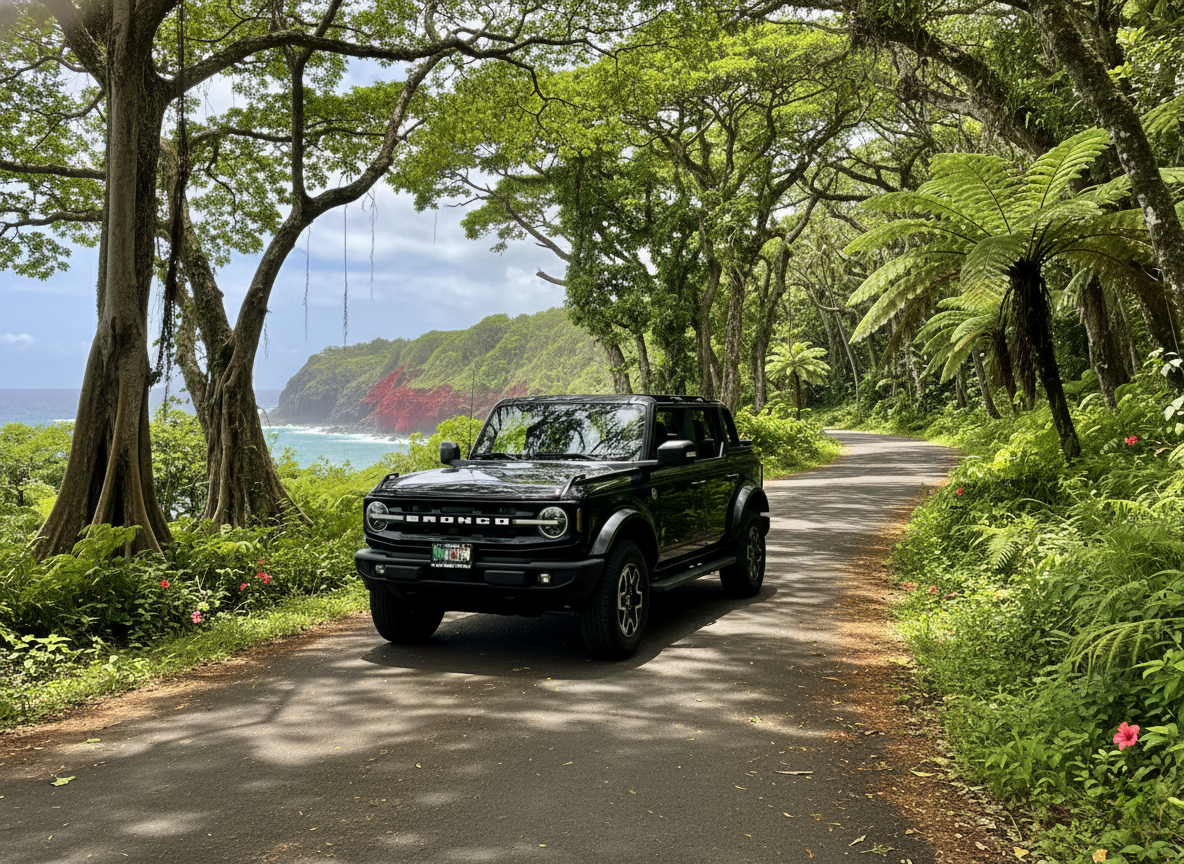 A black Ford Bronco parked on a winding forest road surrounded by lush green trees, with a glimpse of the ocean and cliffs in the background.