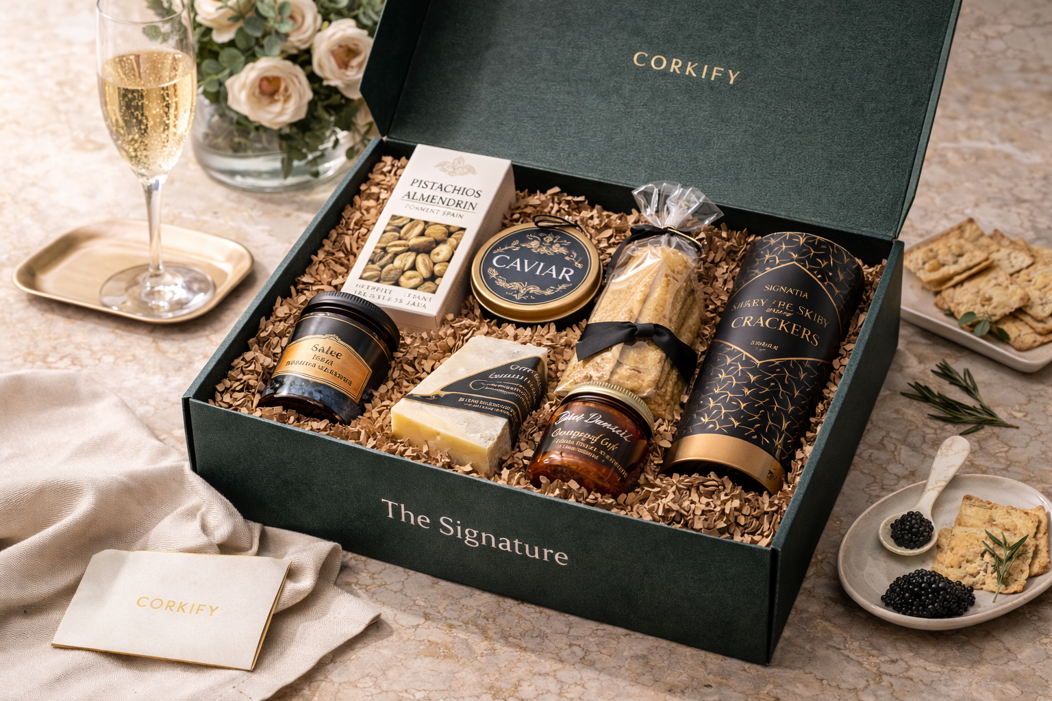CorkiFY “The Signature” gourmet pairing box with thoughtfully curated premium snacks, designed for meaningful moments and refined gifting.
