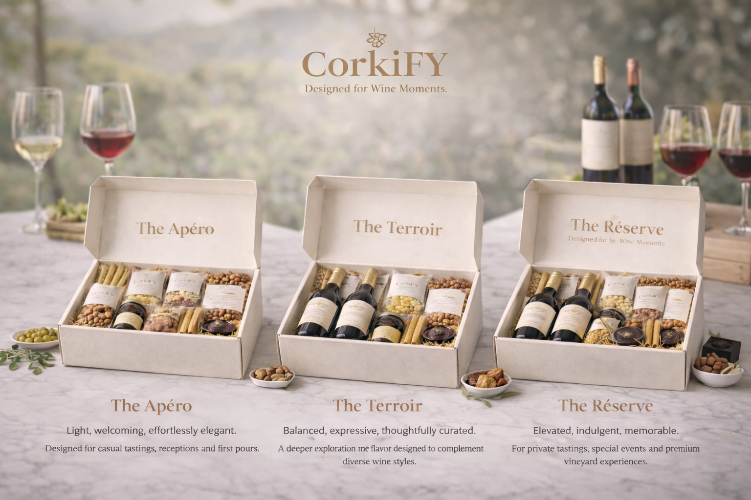 CorKiFY gourmet pairing collection featuring The Apéro, The Terroir, The Réserve