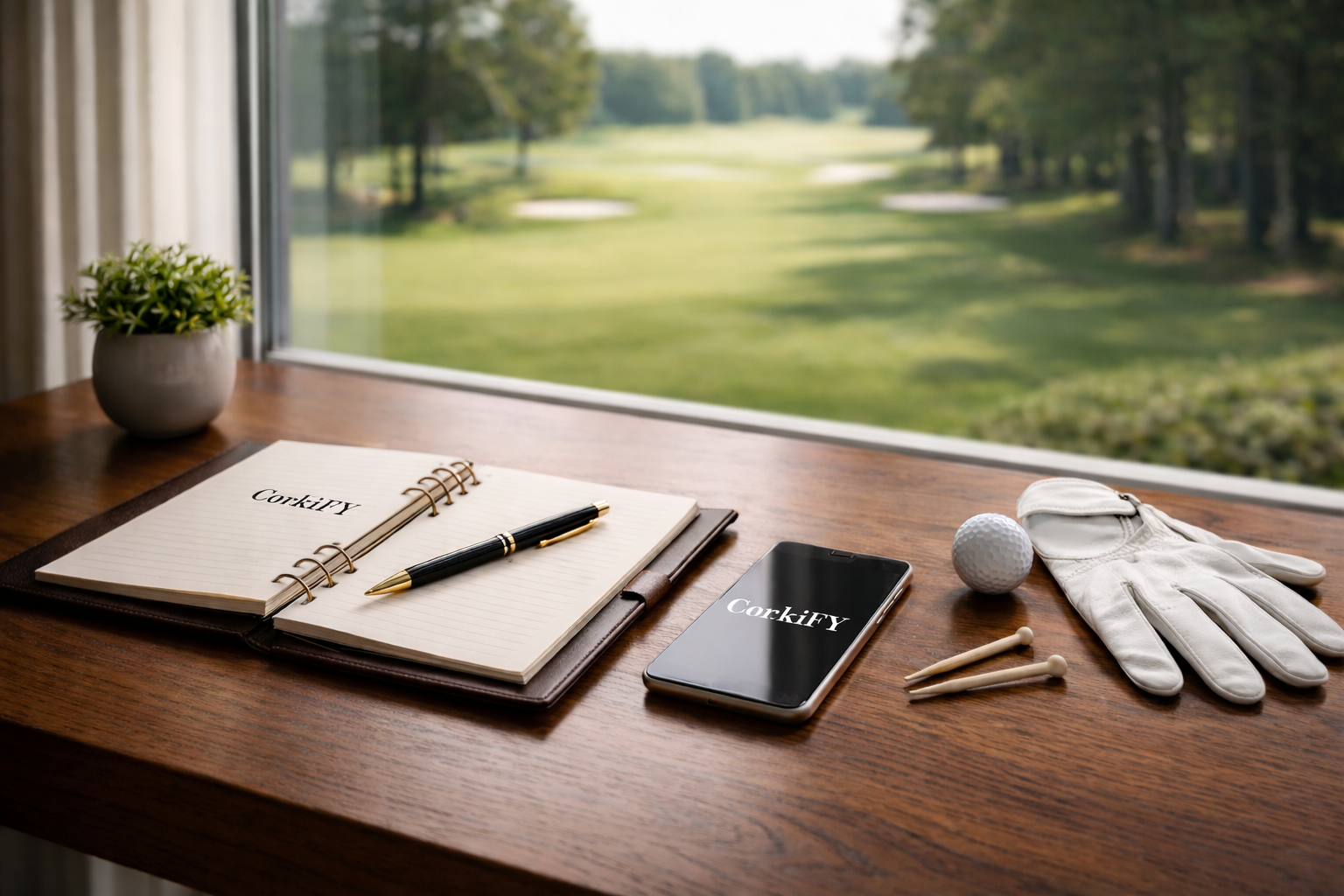 CorkiFY branded workspace with golf essentials overlooking a golf course, reflecting thoughtful, relationship-driven gifting.