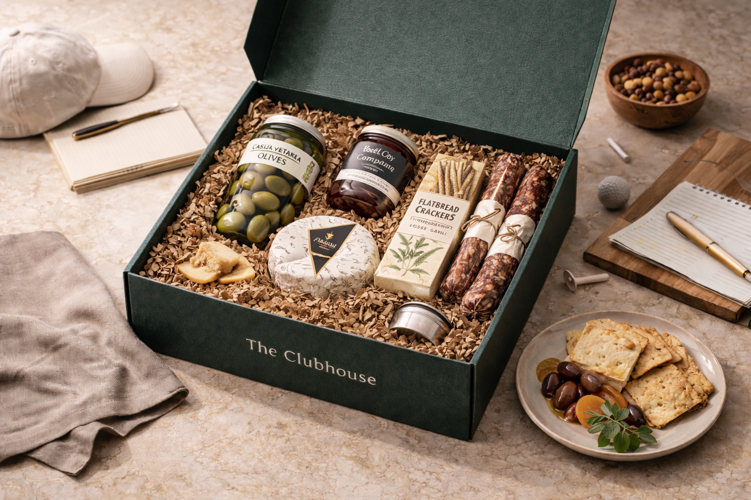 CorkiFY “The Clubhouse” gourmet pairing box featuring refined savory selections, created for elevated golf and relationship-driven gifting.
