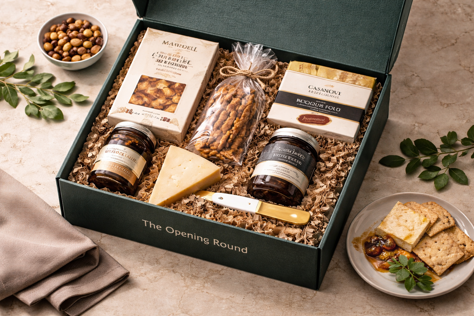 CorkiFY “Opening Round” gourmet pairing box with shelf-stable snacks, designed for casual golf gifting and connection.