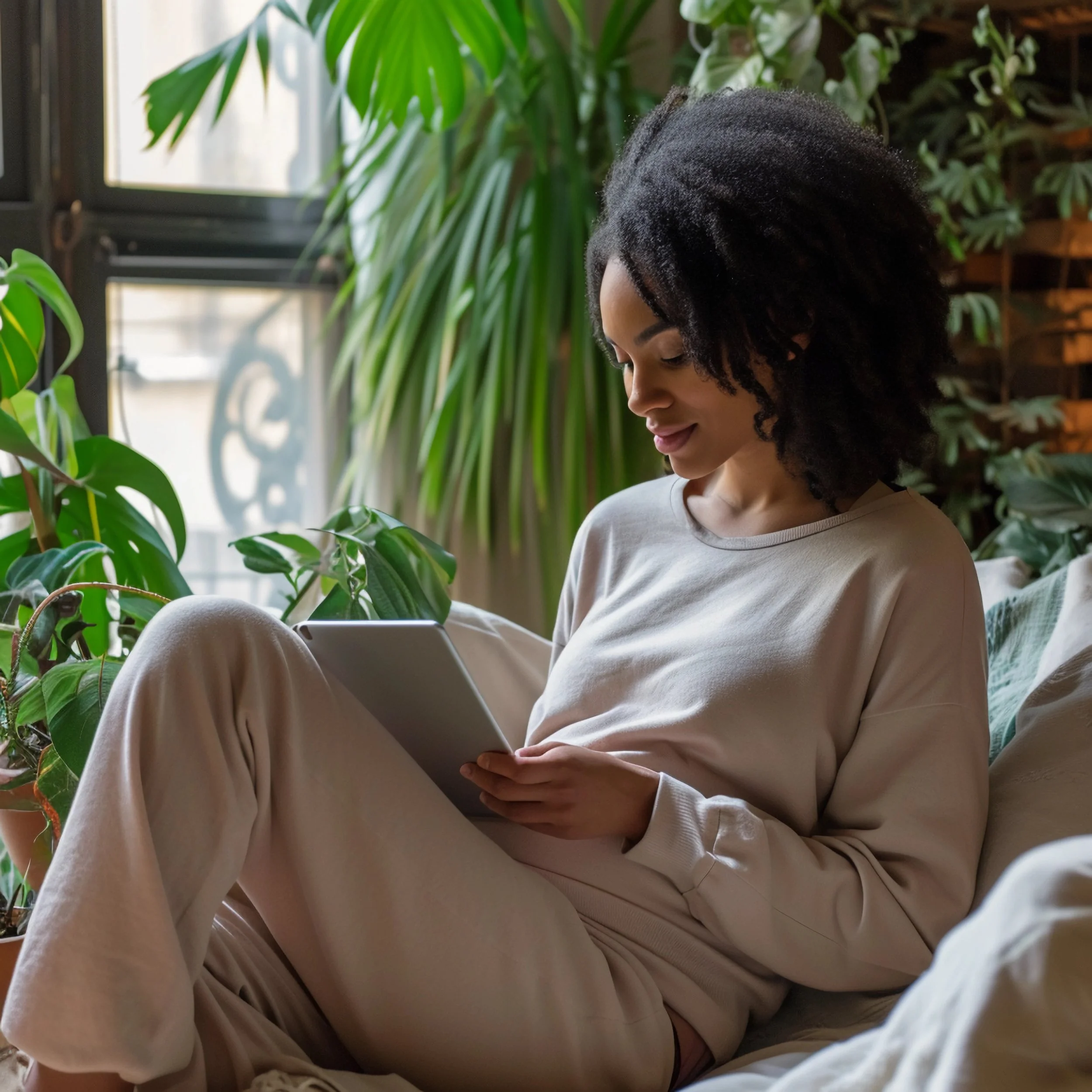 A woman with curly black hair sitting on a couch, looking at her tablet, surrounded by green houseplants near a window.