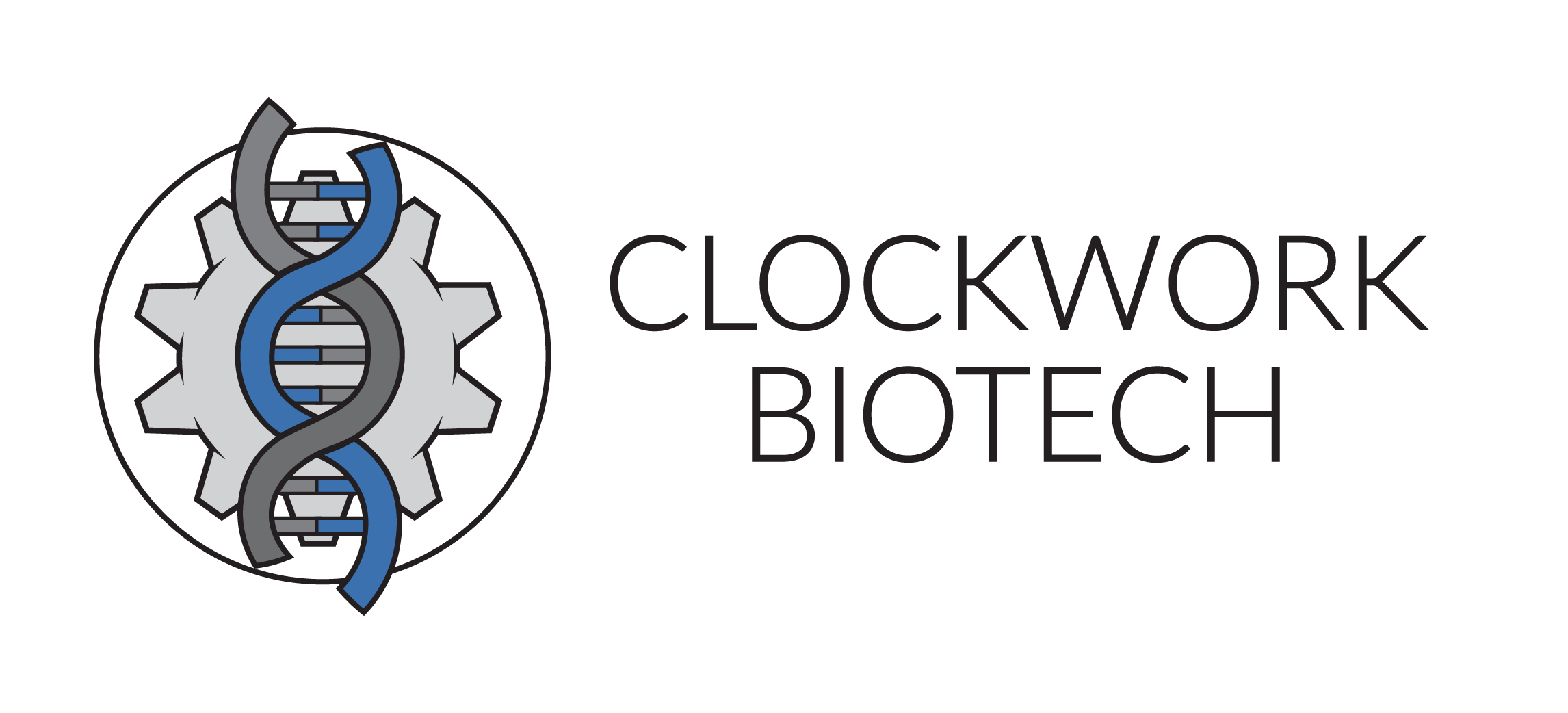 Logo of Clockwork Biotech featuring a gear with a DNA double helix inside and the company name beside it.