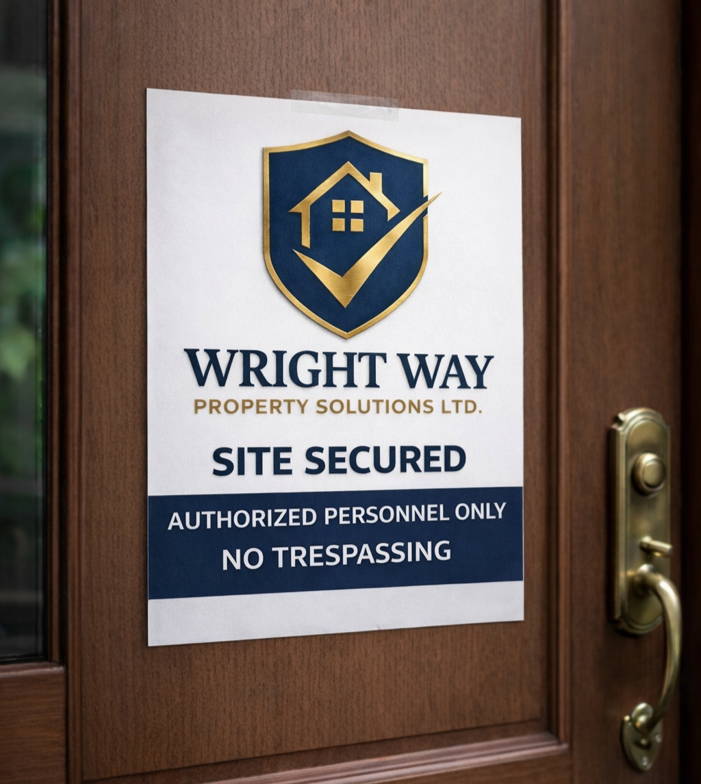 Site secured notice posted on a residential property bu Wright Way Property Solutions Ltd. in Alberta