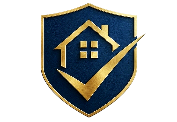 A shield emblem with a gold outline, featuring a house with a roof and four windows, and a large gold checkmark.