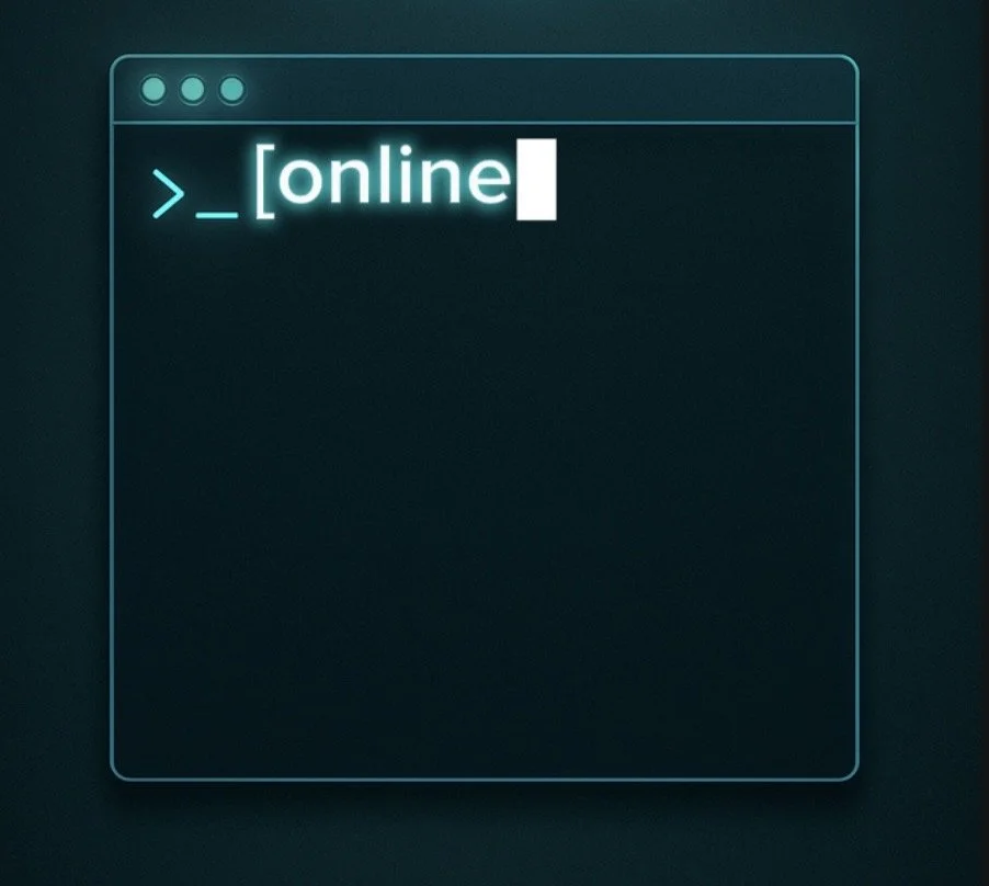 A digital illustration of a computer window displaying a command line interface with the word 'online'.