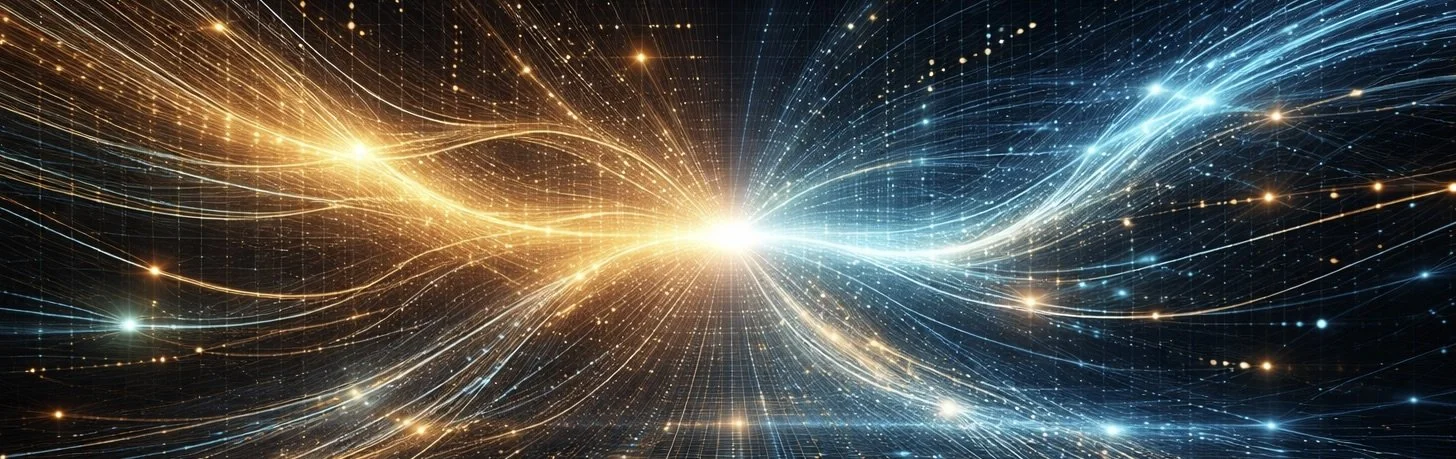 Digital artwork depicting light streaks and particles radiating from a bright central point, creating a sense of energy and motion.