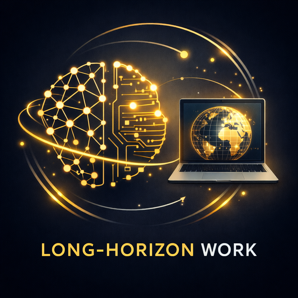 A digital illustration featuring a glowing, stylized brain and a globe on a laptop screen, with interconnected nodes and glowing lines, emphasizing advanced technology and global connectivity. The text reads "LONG-HORIZON WORK".