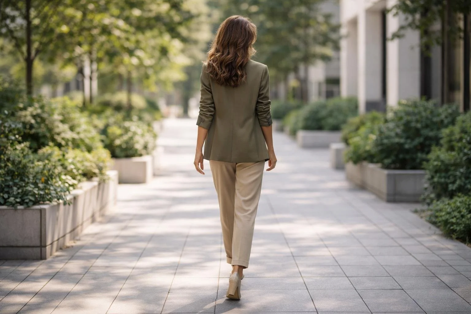 Frau geht in einem urbanen Bereich mit Bäumen und Gebäuden vorbei.
