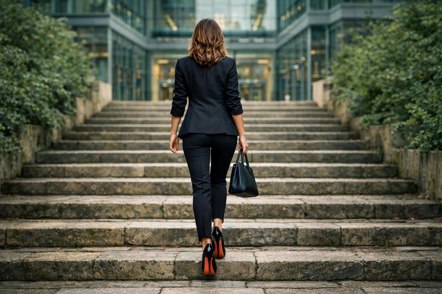 Frau in schwarzem Businessanzug steigt die Treppe zu einem modernen Bürogebäude hinauf, trägt eine schwarze Handtasche und trägt schwarze High Heels.