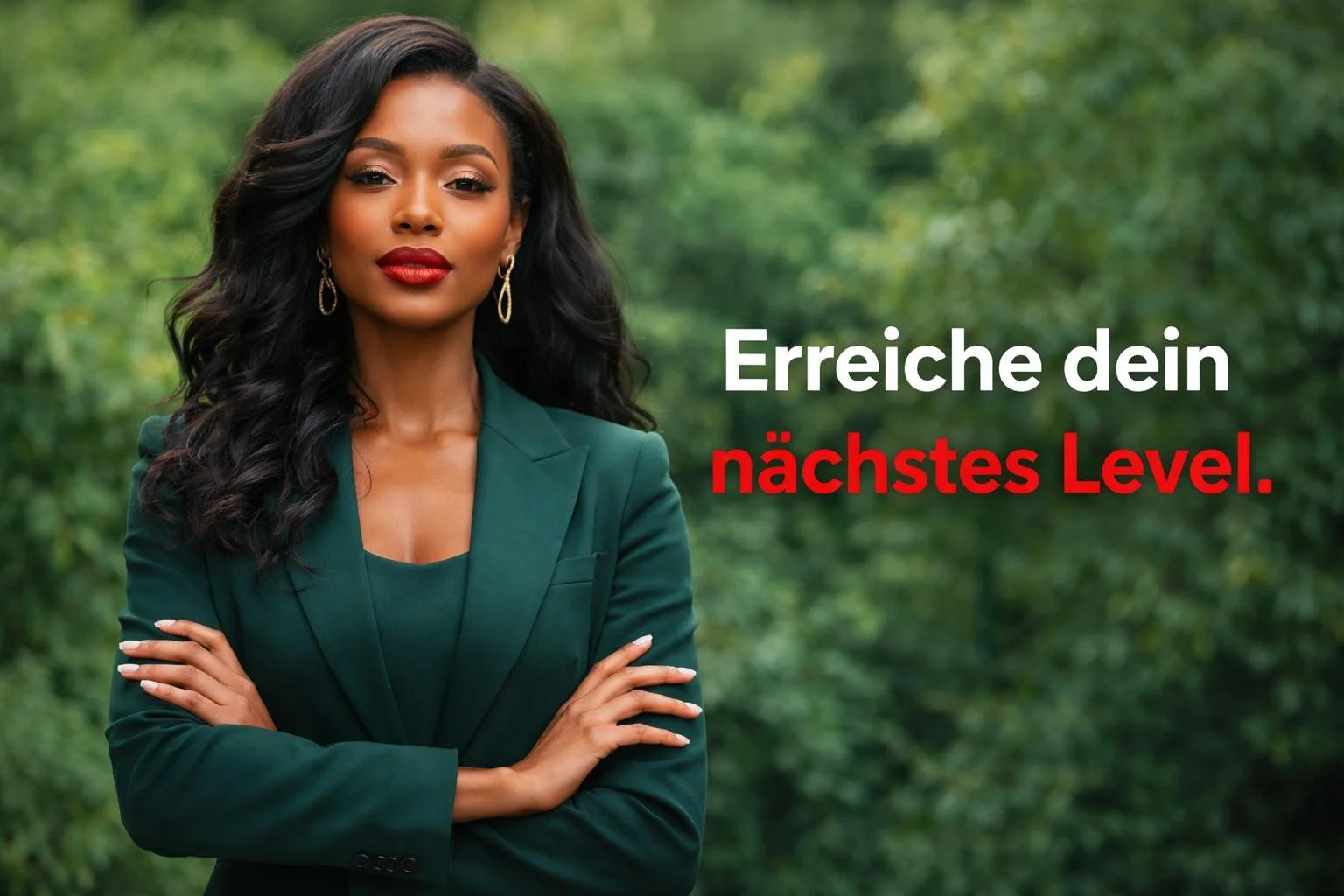 Selbstbewusste Frau mit dunklen, lockigen Haaren, trägt grüne Jacke und rote Lippen vor grüner Natur, mit Text 'Erreiche dein nächstes Level'