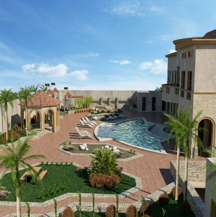 Luxury mansion with a swimming pool, surrounded by palm trees and a landscaped yard under a blue sky. بيت في جدة حي الزهرة