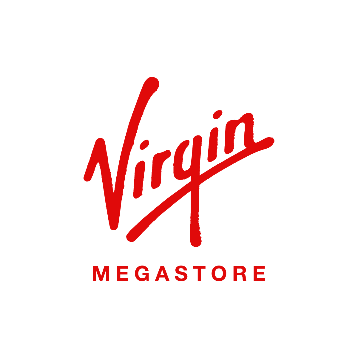 Virgini Megastore logo in red cursive font with a black background. فيرجين ميغا ستور