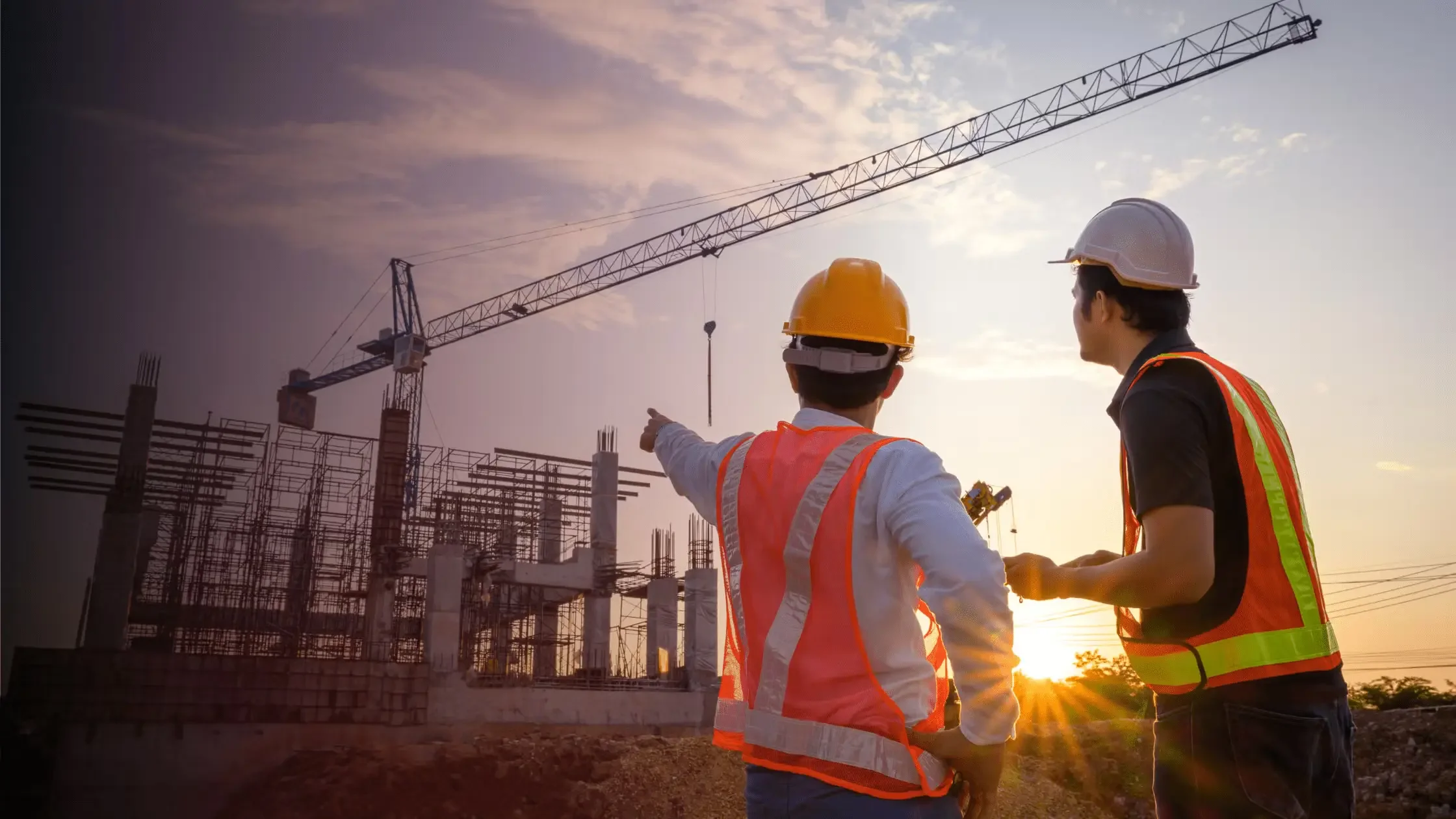 Two construction workers wearing safety helmets and vests at a construction site with a tower crane during sunset.