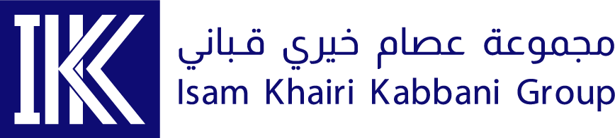 Logo for the Isam Khairi Kabbani Group with Arabic text and a stylized 'KK' on a dark background. مجموعة عصار خيري قباني