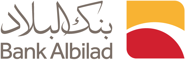 Bank Albilad logo with black Arabic text and a stylized yellow and red flag design. شعار بنك البلاد