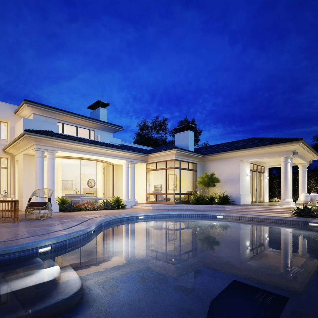 Luxury modern house with large windows, white exterior, and a swimming pool in the foreground, illuminated during dusk with a deep blue sky. أعمال مقاولات وانشاء قصر في مدينة جدة