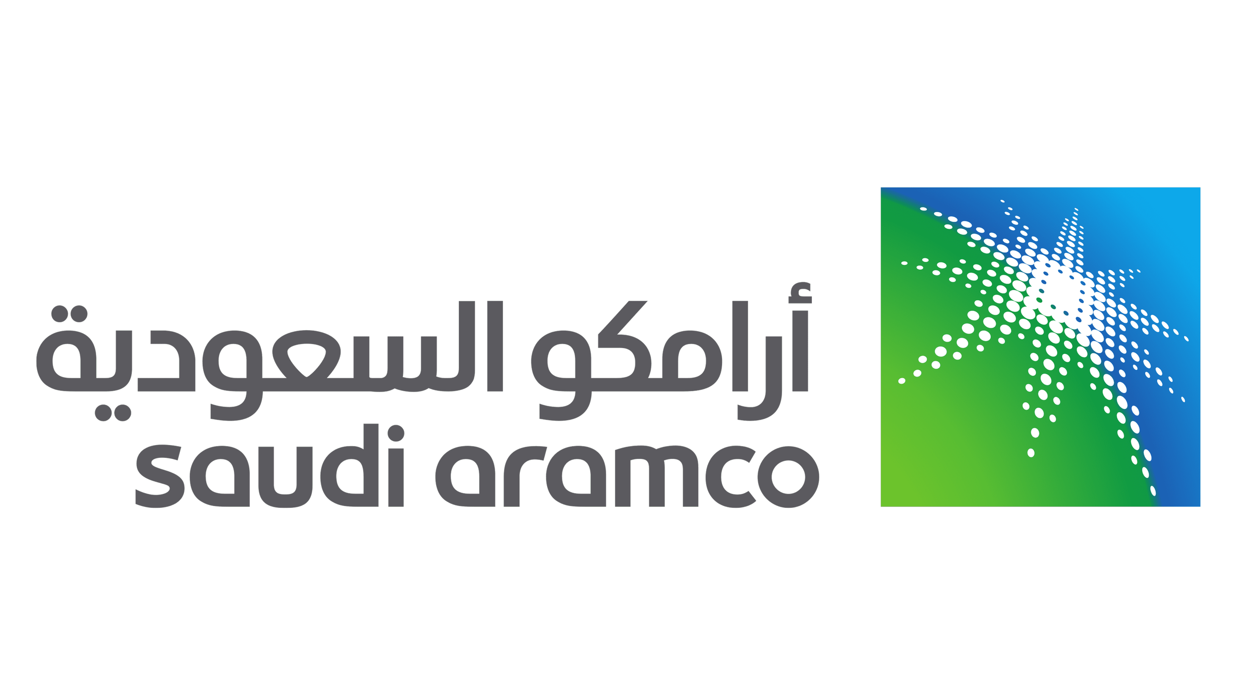 Saudi Aramco logo with Arabic and English text and a starburst design on a blue and green gradient background.