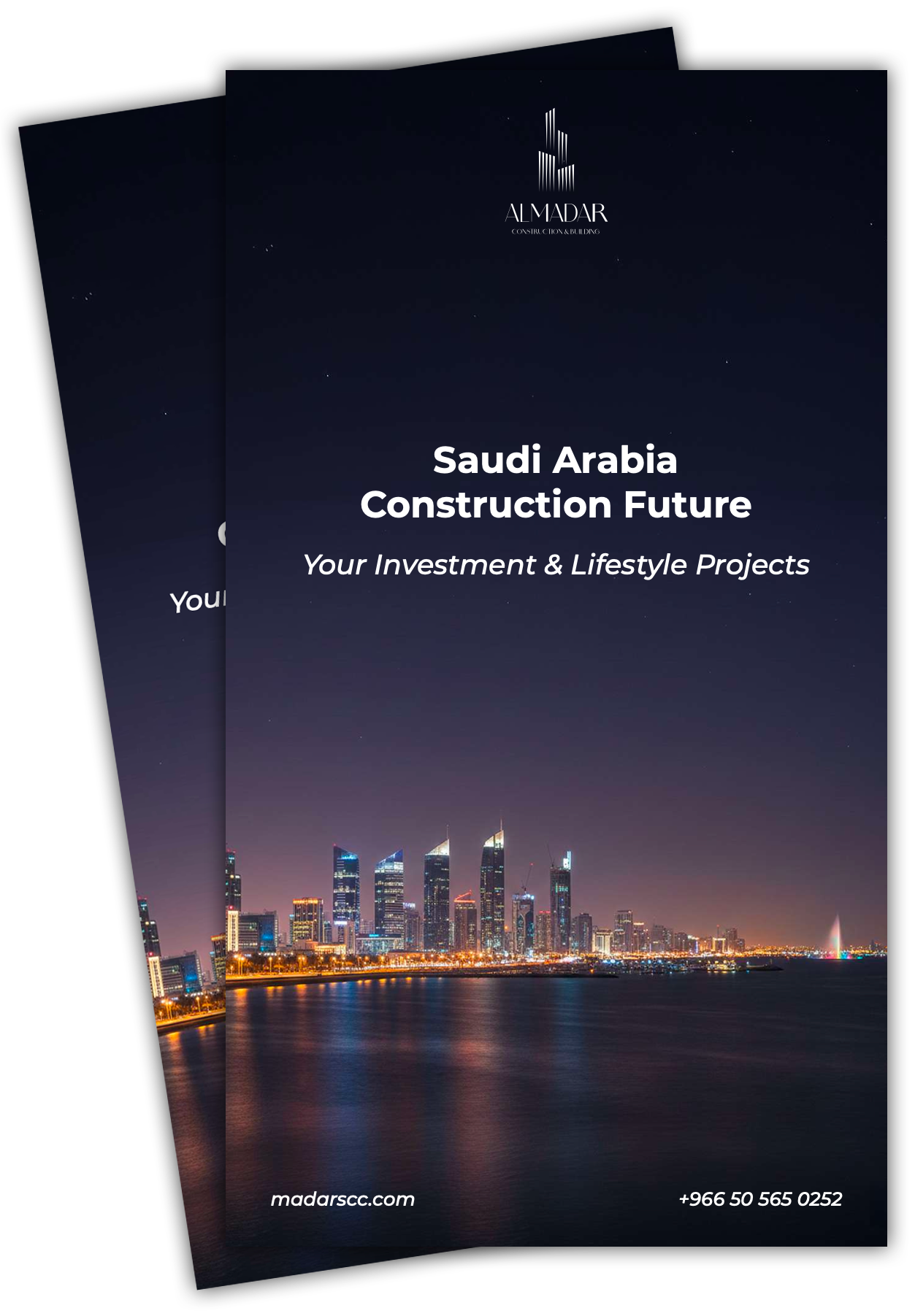 Flyer for Almadar Construction & Building promoting Saudi Arabia construction future, investment, and lifestyle projects, featuring a night cityscape of skyscrapers and water reflections. بروفايل شركة المدار للمقاولات في جدة، السعودية