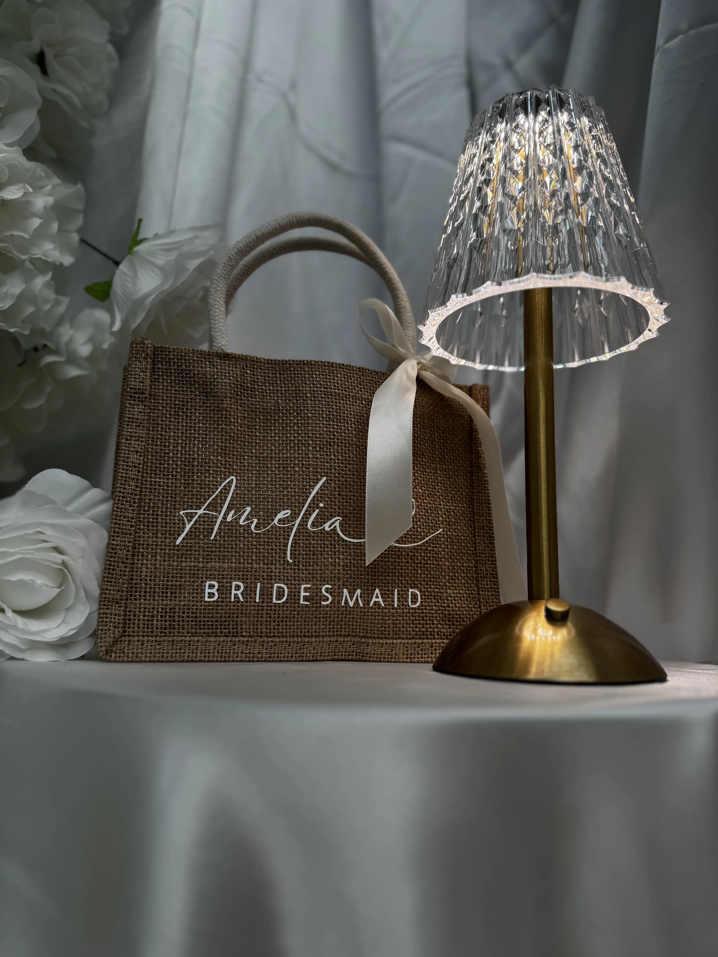 Personalised natural jute bridesmaid gift bag with elegant ribbon tie by Storymade