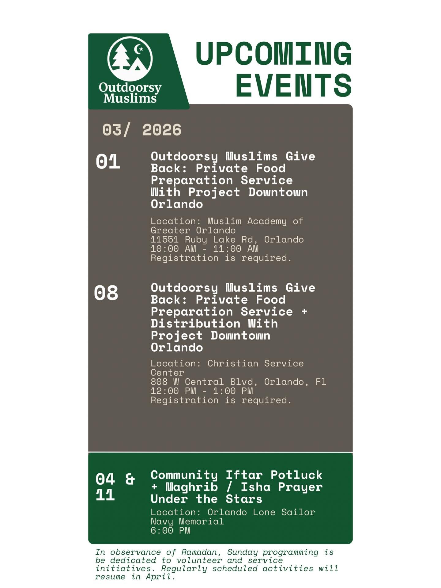 March lineup is here! 🌙✨ Food prep &amp; distribution with Project Downtown Orlando and an open Community Iftar under the stars as we dedicate Ramadan to serving our community and breaking bread together, insha&rsquo;Allah.