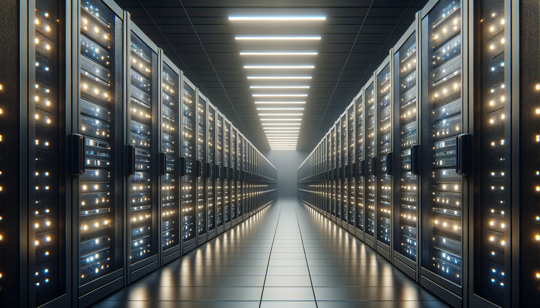 A data center corridor with rows of server racks on both sides, illuminated by bright overhead lights.