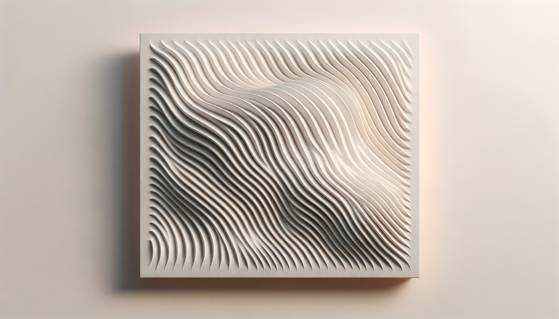 A white 3D wall art with flowing wave patterns mounted on a beige wall.