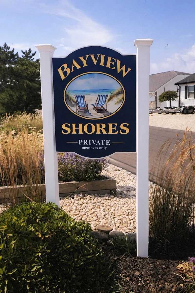 A sign for Bayview Shores private beach with an illustration of two lounge chairs facing the ocean, surrounded by plants and a sandy area in the background.