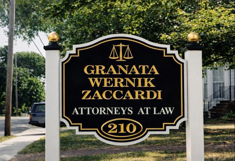 Sign for a law firm with gold and black colors, featuring the names 'Granata Wernik Zaccardi' and the title 'Attorneys at Law,' with an address number 210.