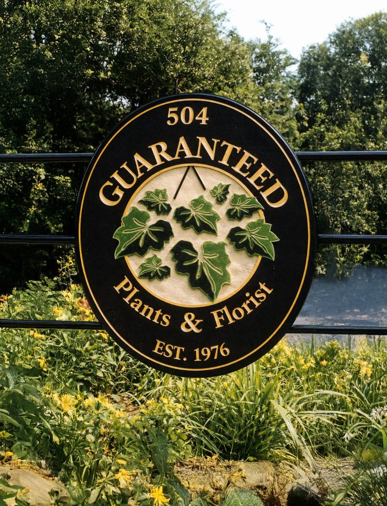 A black circular sign with gold lettering that reads "GUARANTEED Plants & Florist EST. 1976" and a date number 504, hanging in front of a garden with green plants and trees.