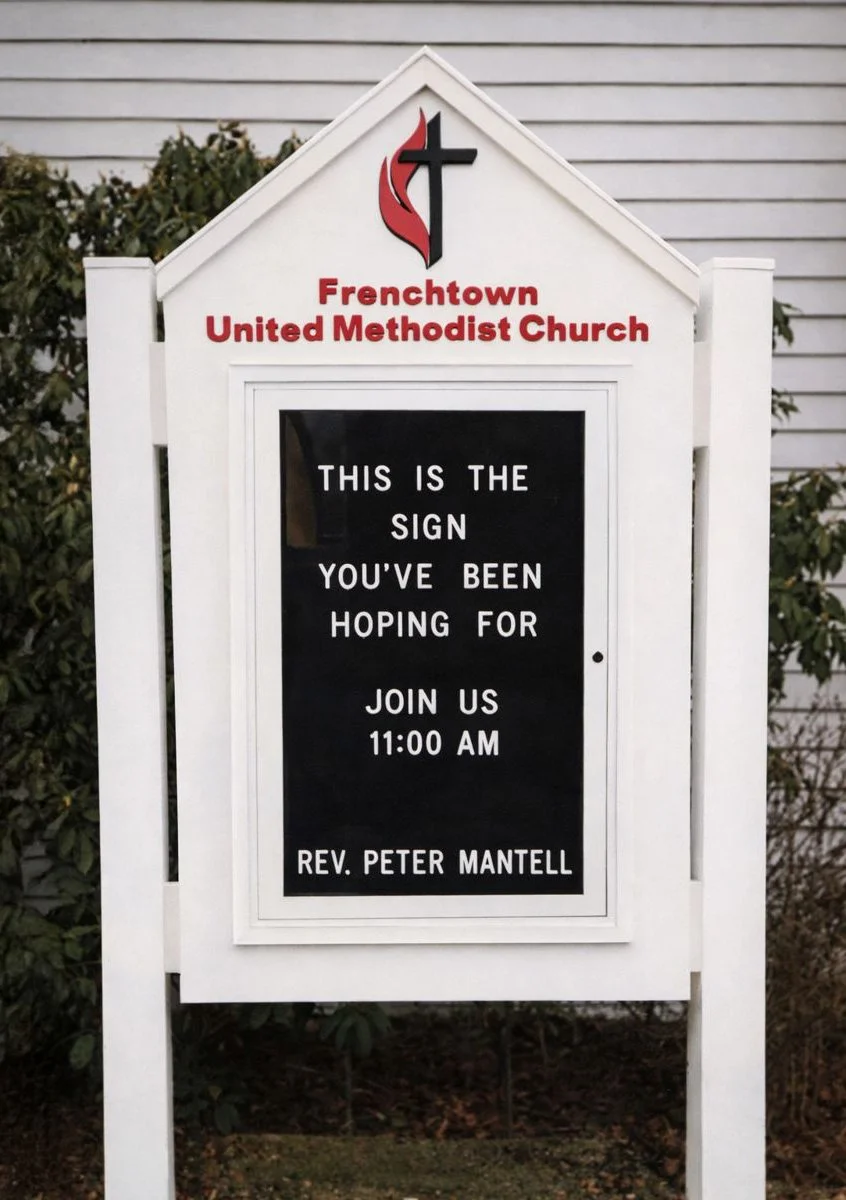 Sign outside Frenchtown United Methodist Church with the church's logo and a message inviting people to join at 11:00 AM, signed by Reverend Peter Mantell.