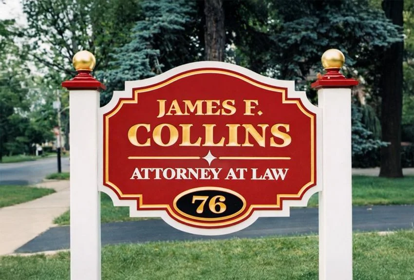 A red and white sign with gold accents for James F. Collins, Attorney at Law, located at 76, in a green grassy area with trees in the background.
