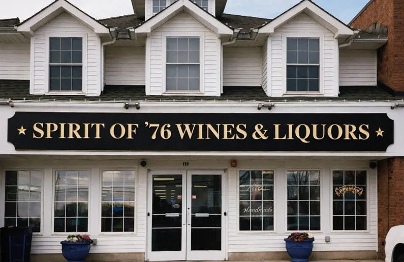 Front of a liquor store named 'Spirit of '76 Wines & Liquors' with white siding, three dormer windows, and a black sign with gold lettering.