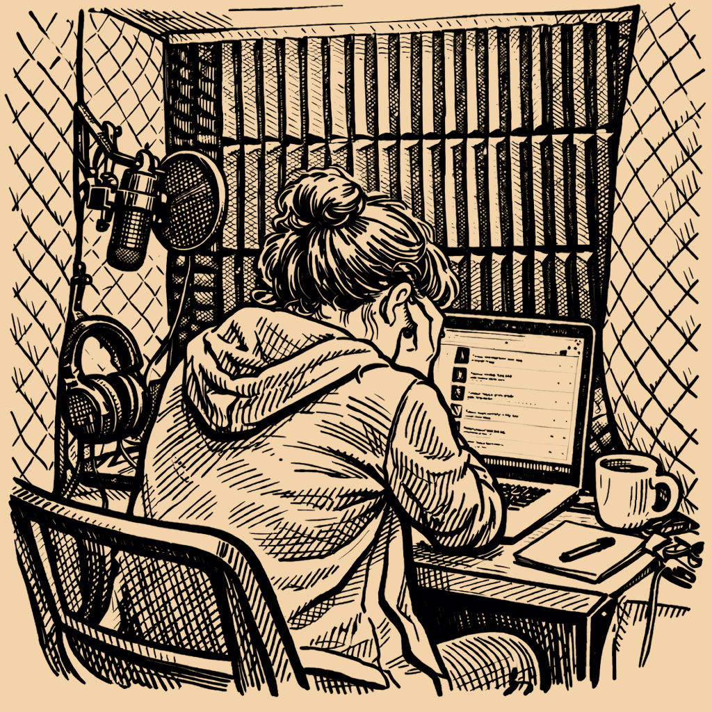 A frustrated voice actor sits at a desk staring at a laptop, scrolling social media, resting her chin in her hands with her elbows on the desk. Microphone and headphones sit unused.