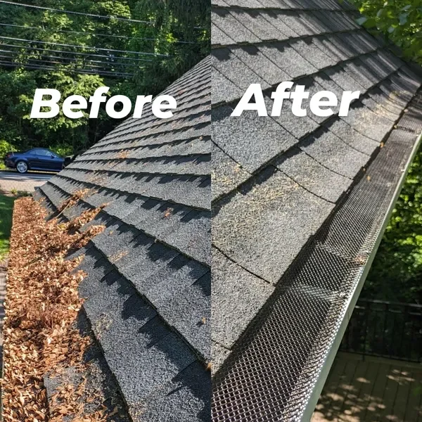Side-by-side comparison of a roof before and after cleaning and repair, showing the roof's shingles and gutter.
