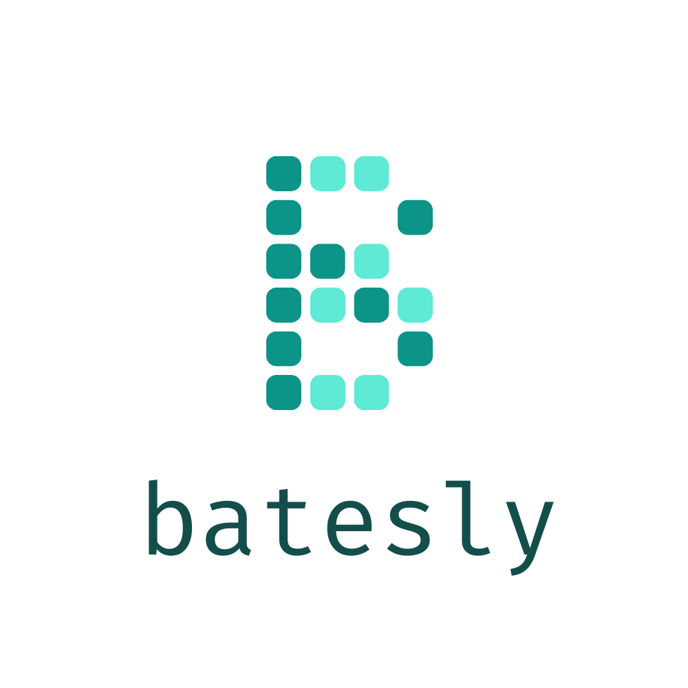 Logo with a stylized letter 'B' composed of pixel-like squares above the word 'batesly' in lowercase letters. Logo of legal tech software called Batesly founded by Rachel Bender