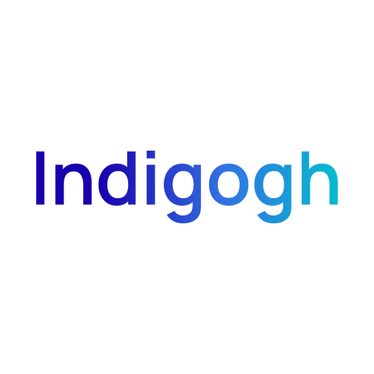 Text reading 'Indigogh' with a color gradient from dark blue to light blue on a black background. Logo of the SaaS platform called Indigogh.