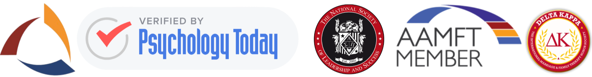 Logo of Psychology Today with verified badge, the National Society of Leadership and Success emblem, and the Delta Kappa chapter emblem of the International Marriage and Family Therapy Society.