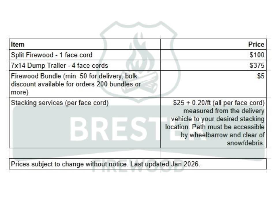 Price list for firewood and stacking services, including split firewood, dump trailer, firewood bundle, and stacking costs.