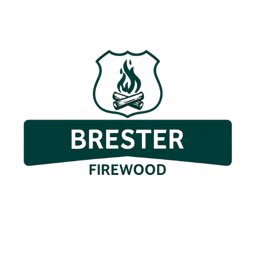 Logo for Brester Firewood featuring a shield with a flame, the word 'BRESTER' in bold, and 'FIREWOOD' underneath.