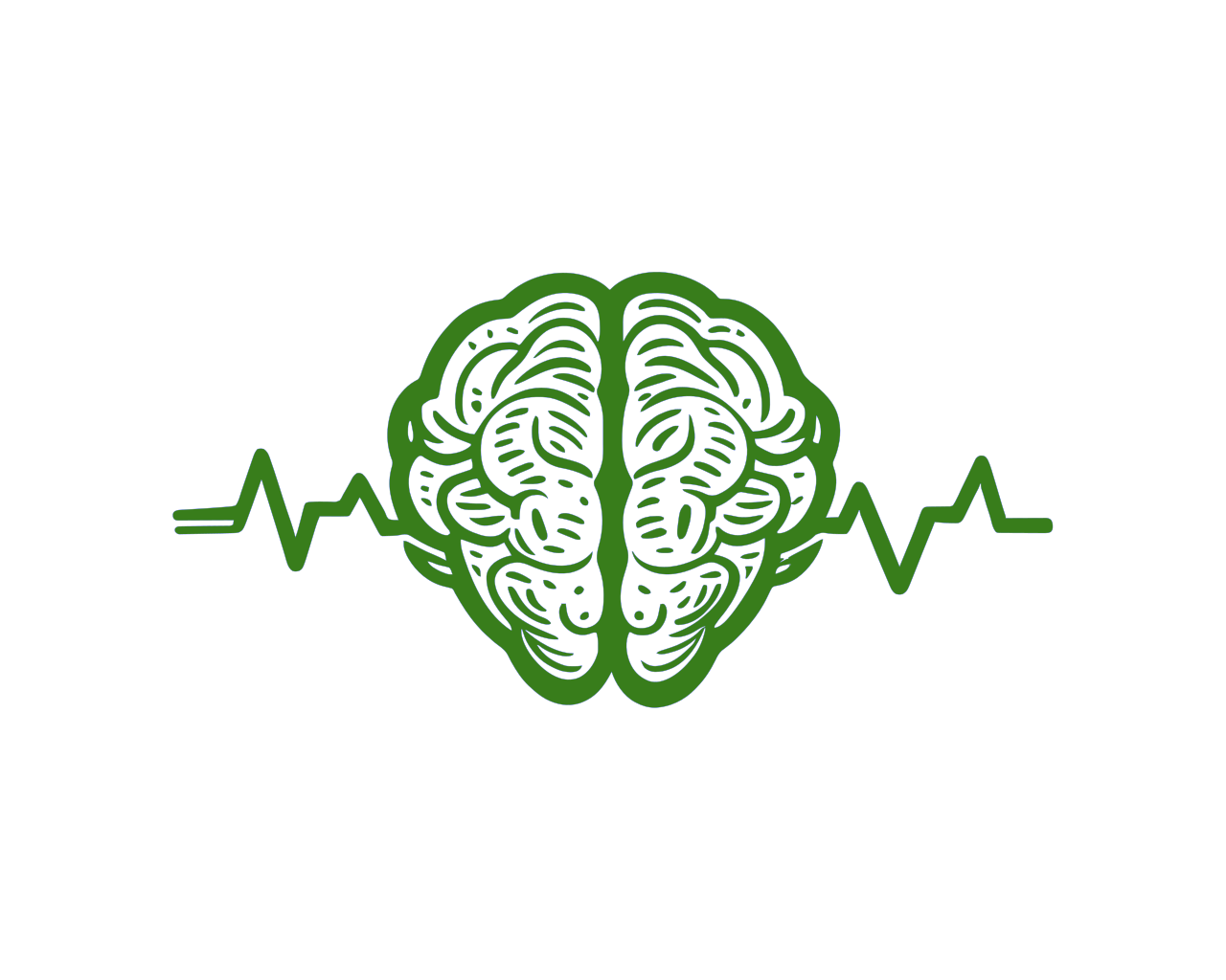 A stylized brain illustration with a green outline, surrounded by an electrocardiogram line on both sides, representing mental health or neurological themes.