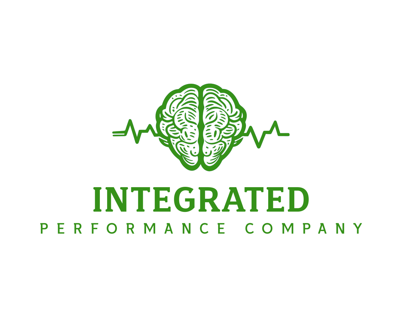 Logo of an integrated performance company featuring a green brain with a heartbeat line running through it, and text in green that reads 'Integrated Performance Company'.