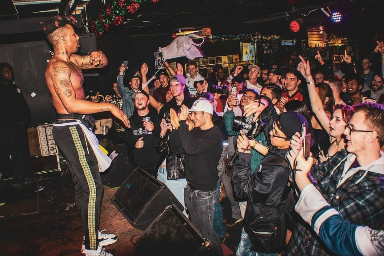Artist throwing shirt into the crowd at Hard Luck Bar
